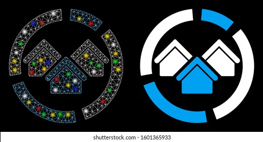 Glowing mesh realty diagram icon with glare effect. Abstract illuminated model of realty diagram. Shiny wire carcass polygonal mesh realty diagram icon. Vector abstraction on a black background.