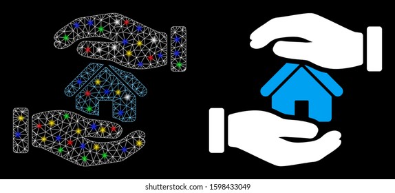 Glowing mesh realty insurance hands icon with glow effect. Abstract illuminated model of realty insurance hands. Shiny wire frame triangular mesh realty insurance hands icon.