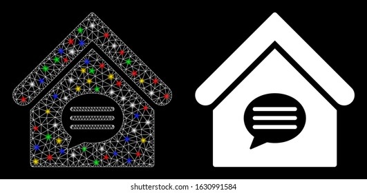 Glowing mesh realty message icon with glitter effect. Abstract illuminated model of realty message. Shiny wire frame polygonal mesh realty message icon. Vector abstraction on a black background.