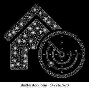 Glowing mesh realty radar with glitter effect. Abstract illuminated model of realty radar icon. Shiny wire carcass triangular mesh realty radar. Vector abstraction on a black background.