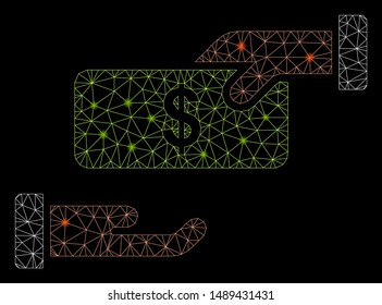 Glowing mesh rebate with glare effect. Abstract illuminated model of rebate icon. Shiny wire carcass polygonal network rebate. Vector abstraction on a black background.