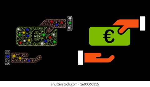 Glowing mesh rebate icon with glitter effect. Abstract illuminated model of rebate. Shiny wire carcass polygonal mesh rebate icon. Vector abstraction on a black background.