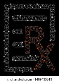 Glowing mesh receipt with sparkle effect. Abstract illuminated model of receipt icon. Shiny wire carcass triangular mesh receipt. Vector abstraction on a black background.