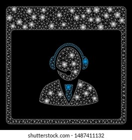 Glowing mesh reception operator calendar page with lightspot effect. Abstract illuminated model of reception operator calendar page icon.