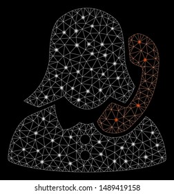 Glowing mesh receptionist with glow effect. Abstract illuminated model of receptionist icon. Shiny wire carcass triangular mesh receptionist. Vector abstraction on a black background.