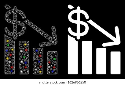 Glowing mesh recession icon with glitter effect. Abstract illuminated model of recession. Shiny wire carcass triangular network recession icon. Vector abstraction on a black background.