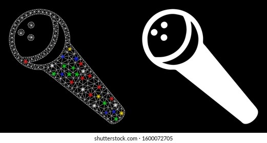 Glowing mesh recording microphone icon with lightspot effect. Abstract illuminated model of recording microphone. Shiny wire frame polygonal mesh recording microphone icon.
