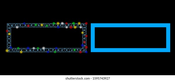 Glowing mesh rectangle frame icon with lightspot effect. Abstract illuminated model of rectangle frame. Shiny wire frame triangular mesh rectangle frame icon. Vector abstraction on a black background.