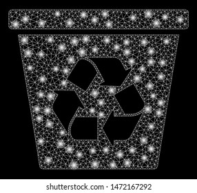 Glowing mesh recycle bin with glare effect. Abstract illuminated model of recycle bin icon. Shiny wire frame triangular network recycle bin. Vector abstraction on a black background.