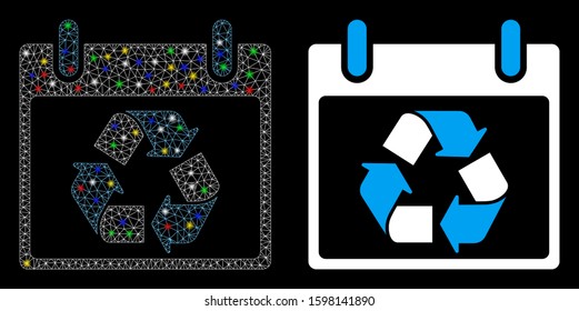 Glowing mesh recycle calendar day icon with sparkle effect. Abstract illuminated model of recycle calendar day. Shiny wire frame triangular mesh recycle calendar day icon.