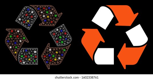 Glowing mesh recycle icon with glare effect. Abstract illuminated model of recycle. Shiny wire frame polygonal mesh recycle icon. Vector abstraction on a black background.