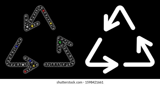 Glowing mesh recycle icon with glitter effect. Abstract illuminated model of recycle. Shiny wire carcass triangular mesh recycle icon. Vector abstraction on a black background.