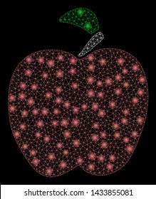 Glowing mesh red apple with lightspot effect. Abstract illuminated model of red apple icon. Shiny wire carcass triangular mesh red apple. Vector abstraction on a black background.