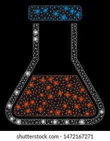 Glowing mesh red liquid flask with lightspot effect. Abstract illuminated model of red liquid flask icon. Shiny wire carcass triangular mesh red liquid flask. Vector abstraction on a black background.