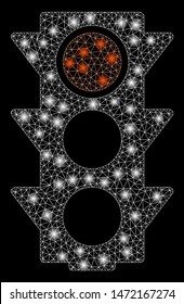 Glowing mesh red traffic lights with lightspot effect. Abstract illuminated model of red traffic lights icon. Shiny wire frame polygonal network red traffic lights.