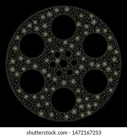 Glowing mesh reel with glitter effect. Abstract illuminated model of reel icon. Shiny wire carcass polygonal network reel. Vector abstraction on a black background.