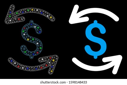 Glowing mesh refresh balance icon with glitter effect. Abstract illuminated model of refresh balance. Shiny wire carcass triangular mesh refresh balance icon. Vector abstraction on a black background.