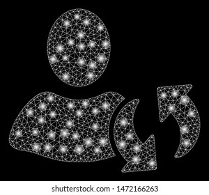 Glowing mesh refresh with glow effect. Abstract illuminated model of refresh icon. Shiny wire frame polygonal mesh refresh. Vector abstraction on a black background.