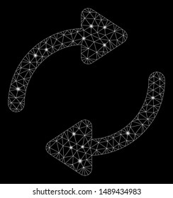 Glowing mesh refresh with glow effect. Abstract illuminated model of refresh icon. Shiny wire frame polygonal mesh refresh. Vector abstraction on a black background.