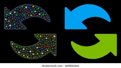Glowing mesh refresh icon with glare effect. Abstract illuminated model of refresh. Shiny wire frame triangular mesh refresh icon. Vector abstraction on a black background.