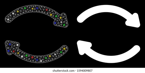 Glowing mesh refresh icon with glow effect. Abstract illuminated model of refresh. Shiny wire frame triangular mesh refresh icon. Vector abstraction on a black background.