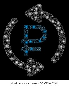 Glowing mesh refresh rouble balance with lightspot effect. Abstract illuminated model of refresh rouble balance icon. Shiny wire carcass polygonal mesh refresh rouble balance.