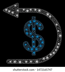 Glowing mesh refund with glitter effect. Abstract illuminated model of refund icon. Shiny wire carcass triangular mesh refund. Vector abstraction on a black background.