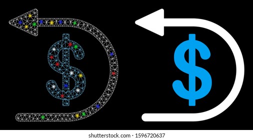Glowing mesh refund icon with glare effect. Abstract illuminated model of refund. Shiny wire frame polygonal mesh refund icon. Vector abstraction on a black background.