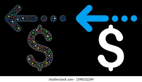Glowing mesh refund icon with glitter effect. Abstract illuminated model of refund. Shiny wire carcass polygonal mesh refund icon. Vector abstraction on a black background.
