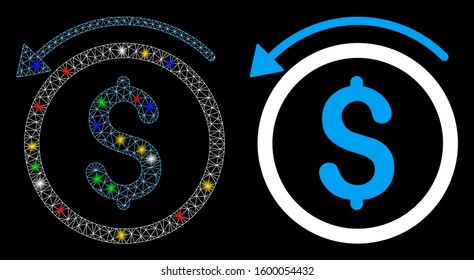 Glowing mesh refund icon with sparkle effect. Abstract illuminated model of refund. Shiny wire carcass polygonal mesh refund icon. Vector abstraction on a black background.