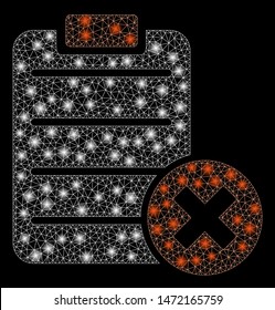 Glowing mesh reject form with sparkle effect. Abstract illuminated model of reject form icon. Shiny wire carcass triangular mesh reject form. Vector abstraction on a black background.