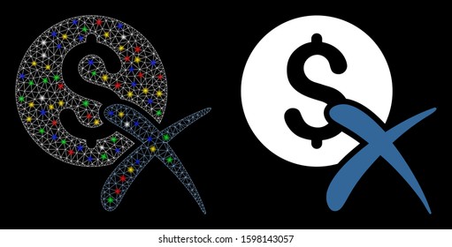 Glowing mesh reject payment icon with glare effect. Abstract illuminated model of reject payment. Shiny wire frame triangular mesh reject payment icon. Vector abstraction on a black background.