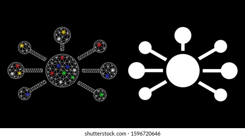 Glowing mesh relation links icon with glare effect. Abstract illuminated model of relation links. Shiny wire carcass polygonal network relation links icon. Vector abstraction on a black background.