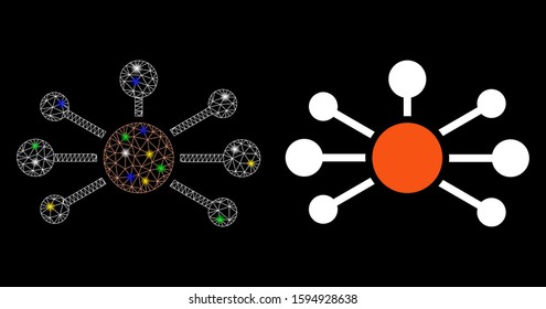 Glowing mesh relations icon with glare effect. Abstract illuminated model of relations. Shiny wire carcass polygonal mesh relations icon. Vector abstraction on a black background.