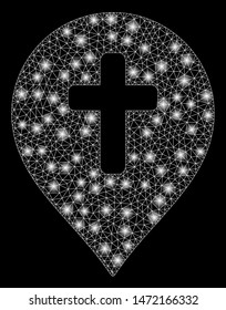 Glowing mesh religion cross marker with glitter effect. Abstract illuminated model of religion cross marker icon. Shiny wire frame triangular mesh religion cross marker.