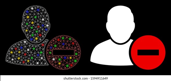 Glowing mesh remove user icon with lightspot effect. Abstract illuminated model of remove user. Shiny wire carcass polygonal mesh remove user icon. Vector abstraction on a black background.