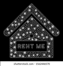 Glowing mesh rent me with glare effect. Abstract illuminated model of rent me icon. Shiny wire carcass triangular mesh rent me. Vector abstraction on a black background.