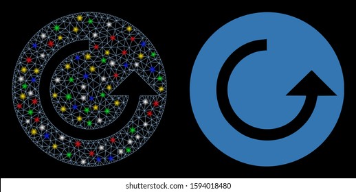 Glowing mesh repeat icon with lightspot effect. Abstract illuminated model of repeat. Shiny wire frame triangular mesh repeat icon. Vector abstraction on a black background.