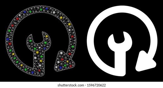 Glowing mesh repeat service icon with sparkle effect. Abstract illuminated model of repeat service. Shiny wire carcass polygonal mesh repeat service icon. Vector abstraction on a black background.