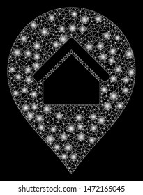 Glowing mesh residence marker with glitter effect. Abstract illuminated model of residence marker icon. Shiny wire carcass polygonal mesh residence marker. Vector abstraction on a black background.