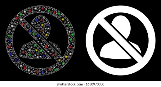 Glowing mesh restricted user icon with lightspot effect. Abstract illuminated model of restricted user. Shiny wire carcass triangular mesh restricted user icon.