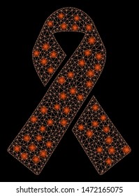 Glowing mesh ribbon with glare effect. Abstract illuminated model of ribbon icon. Shiny wire frame triangular mesh ribbon. Vector abstraction on a black background.