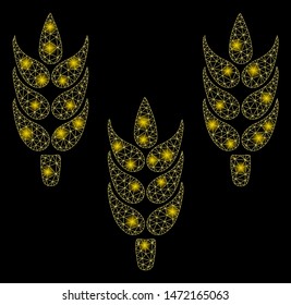 Glowing mesh rice with lightspot effect. Abstract illuminated model of rice icon. Shiny wire carcass triangular mesh rice. Vector abstraction on a black background.