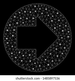 Glowing mesh right arrow with lightspot effect. Abstract illuminated model of right arrow icon. Shiny wire frame polygonal mesh right arrow. Vector abstraction on a black background.