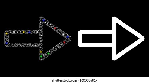 Glowing mesh right icon with lightspot effect. Abstract illuminated model of right. Shiny wire frame triangular mesh right icon. Vector abstraction on a black background.