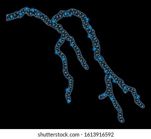 Glowing mesh river with glare effect. Abstract illuminated model of river icon. Shiny wire carcass triangular mesh river. Vector abstraction on a black background.