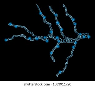 Glowing mesh river with glow effect. Abstract illuminated model of river icon. Shiny wire carcass polygonal network river. Vector abstraction on a black background.