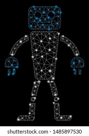 Glowing mesh robot with glare effect. Abstract illuminated model of robot icon. Shiny wire frame triangular network robot. Vector abstraction on a black background.