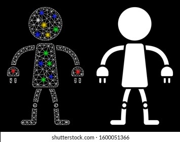 Glowing mesh robot icon with glitter effect. Abstract illuminated model of robot. Shiny wire carcass polygonal mesh robot icon. Vector abstraction on a black background.