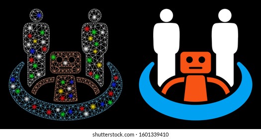 Glowing mesh robot union icon with lightspot effect. Abstract illuminated model of robot union. Shiny wire frame polygonal network robot union icon. Vector abstraction on a black background.